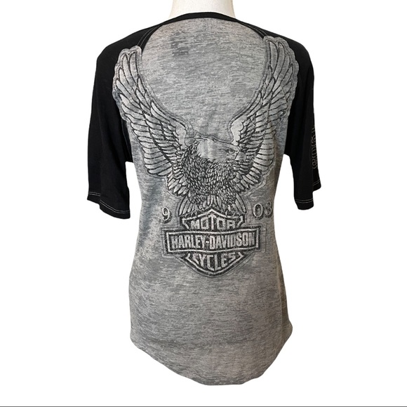 Harley Davidson Authentic Laced Front Gray Black Raglan Eagle Logo Graphic Tee - Picture 6 of 10